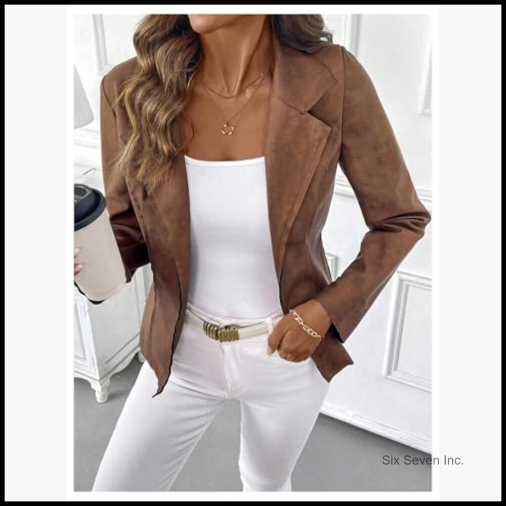 Faux Suede Blazer Jacket with Notch Collar and Open Front - Picture 4 of 5